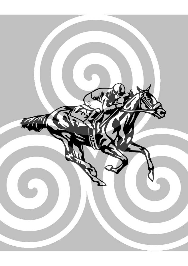 K&ouml;nnte beinhalten: Eine Schwarzwei&szlig;illustration eines Jockeys, der ein Pferd reitet. Das Pferd rennt mit ausgestreckten Beinen. Der Hintergrund ist ein grau-wei&szlig;es Muster aus drei sich &uuml;berlappenden Spiralen.