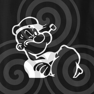 K&ouml;nnte beinhalten: Schwarz-wei&szlig; Grafik von Popeye dem Seemann, einer Zeichentrickfigur, mit einem entschlossenen Gesichtsausdruck. Das Bild zeigt eine wei&szlig;e Umrisslinie von Popeye vor einem schwarzen Hintergrund mit grauen Spiralmustern. Die Figur beugt ihren Arm.