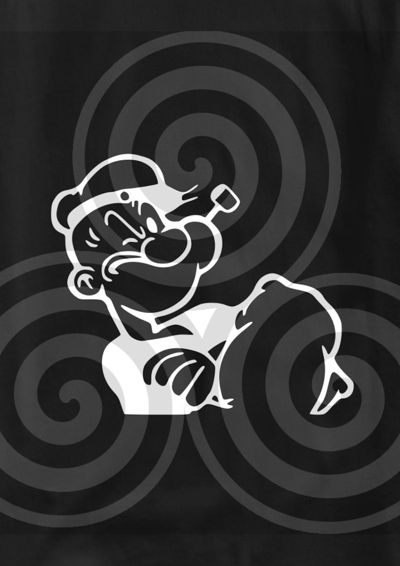 K&ouml;nnte beinhalten: Schwarz-wei&szlig; Grafik von Popeye dem Seemann, einer Zeichentrickfigur, mit einem entschlossenen Gesichtsausdruck. Das Bild zeigt eine wei&szlig;e Umrisslinie von Popeye vor einem schwarzen Hintergrund mit grauen Spiralmustern. Die Figur beugt ihren Arm.