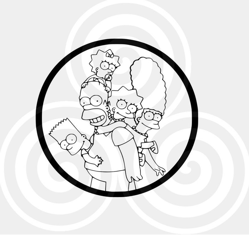 Op de afbeelding: Een zwart-witte lijntekening van de Simpsons-familie. Homer draagt Maggie op zijn rug, Bart staat links van hem, Lisa rechts van hem en Marge staat achter Homer. De familie staat in een cirkel.