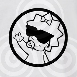 May include: Black and white illustration of a baby wearing sunglasses and a bow, holding a pacifier. The baby is inside a circle.
