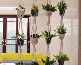 No Tassels Triple Macrame Plant Hanger, Boho Indoor Garden Decoration