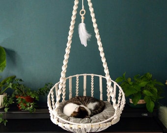 Hamac pour chat en macramé, lit suspendu pour animal de compagnie tissé à la main, chaise suspendue bohème/lit balançoire pour animaux de compagnie