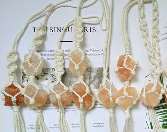 Colgante para coche de cristal de sal del Himalaya de macramé, accesorio bohemio para coche