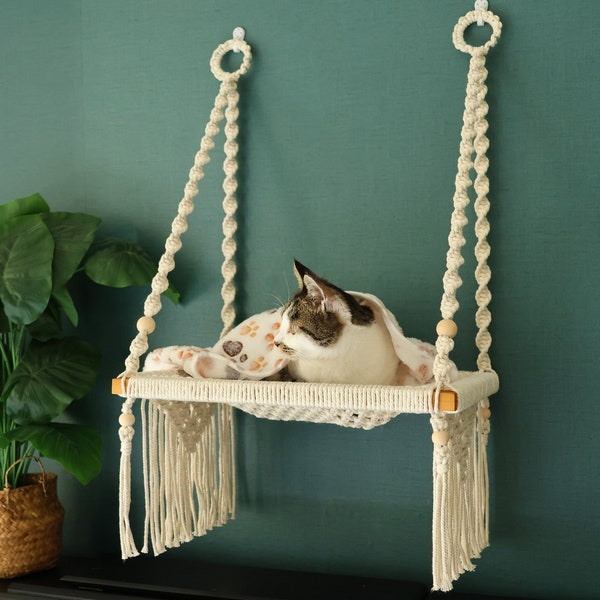 Meubles muraux/lit mural chat en macramé, hamac chat pour fenêtre, lit balançoire tissé à la main pour animaux de compagnie, maison suspendue murale chat bohème