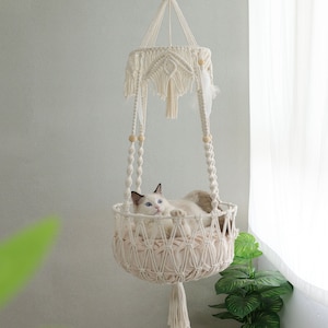 Macrame Cat Hammock ,Bohemian handwoven nature cotton cat swing bed, Macrame hanging cat tree/cat house/cat bed
