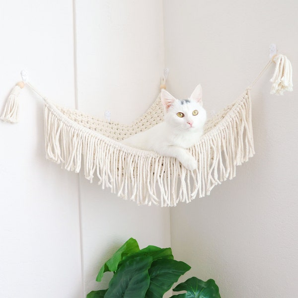 Macrame Cat wall corner hammock, hand-weaved Boho cat bed/furniture/hanging house/cat tree/pet swing bed