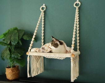 Macrame Cat muebles de pared/cama de pared, Hamaca de gato para ventana, cama oscilante para mascotas tejida a mano, Casa colgante de pared de gato Boho