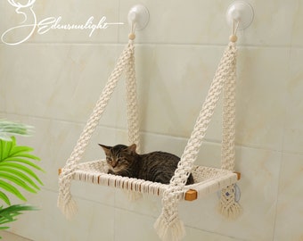 Hamac avec fenêtre pour chat, lit mural en macramé pour chat, meubles muraux/étagère murale pour chat en bois massif, lit pour chat monté sur la fenêtre avec de fortes vis d'aspiration en verre