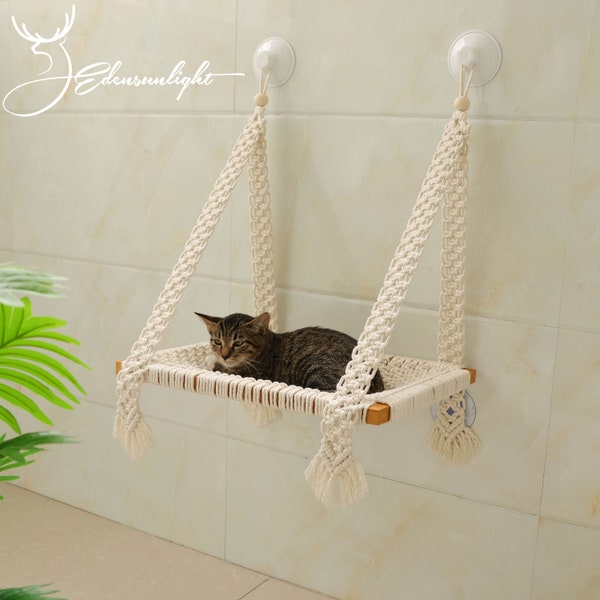 Hamac avec fenêtre pour chat, lit mural en macramé pour chat, meubles muraux/étagère murale pour chat en bois massif, lit pour chat monté sur la fenêtre avec de fortes vis d'aspiration en verre