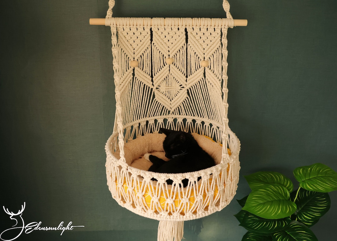 Macrame Cat Hammock, Cat Wall Hanging Bed with Cushion