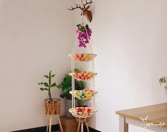 Makramowy hamak na owoce i warzywa, boho wiszący kosz kuchenny z wieszakiem w kształcie banana