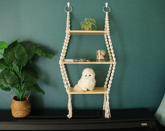 Estantes colgantes de macramé, decoración de pared de madera de paulownia estilo bohemio
