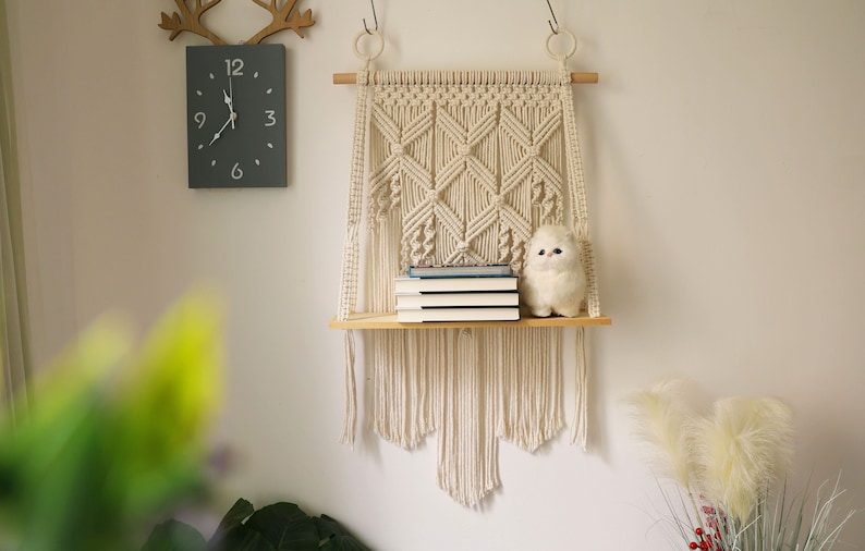 Macrame hanging shelf,Handwoven Bohemia tapestry wall hanging, stable wall shelf/bookshelf/plant shelf/living room shelf/bathroom shelf image 3