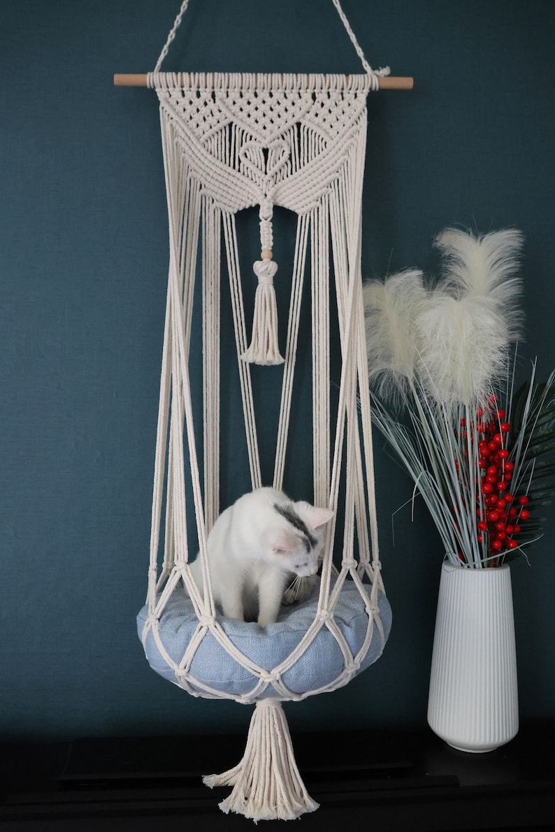 Macrame cat Hammock bed,Macrame cotton rope Swing Bed for big cat,indoor pet's sleeping bed ,Macrame pattern wall hanging image 7