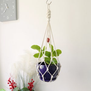 May include: A white macrame plant hanger with a blue ceramic pot and a green plant inside. A red stone bead is woven into the macrame.