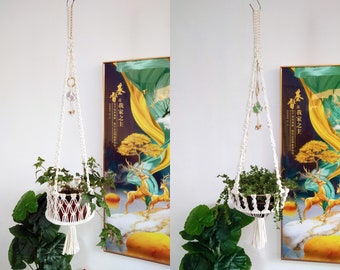 Macrame crystal plant hanger, Hand woven nature cotton rope pot holder/planter/basket for indoor, Boho wall hanging decoration