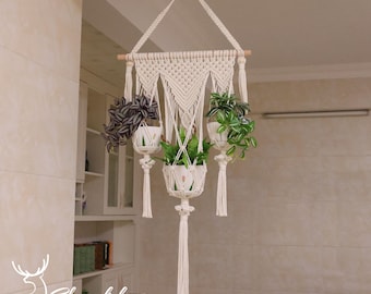 Handmade Macrame Plant Hanger, Multi-Tier Boho Wall Decor (5 Pockets)