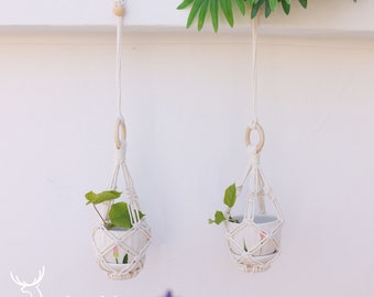 Mini Macrame plant hanger for car,no tassel  boho plant pot holder for car mirror/office desk/home wall