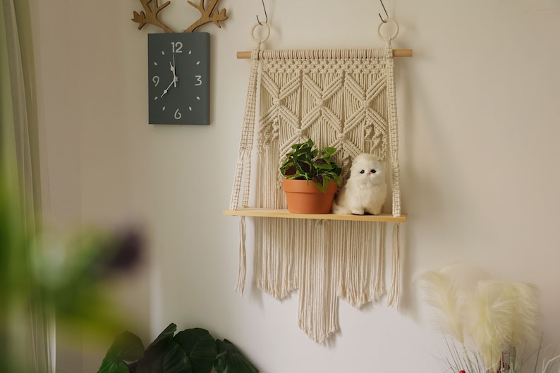 Macrame hanging shelf,Handwoven Bohemia tapestry wall hanging, stable wall shelf/bookshelf/plant shelf/living room shelf/bathroom shelf image 7