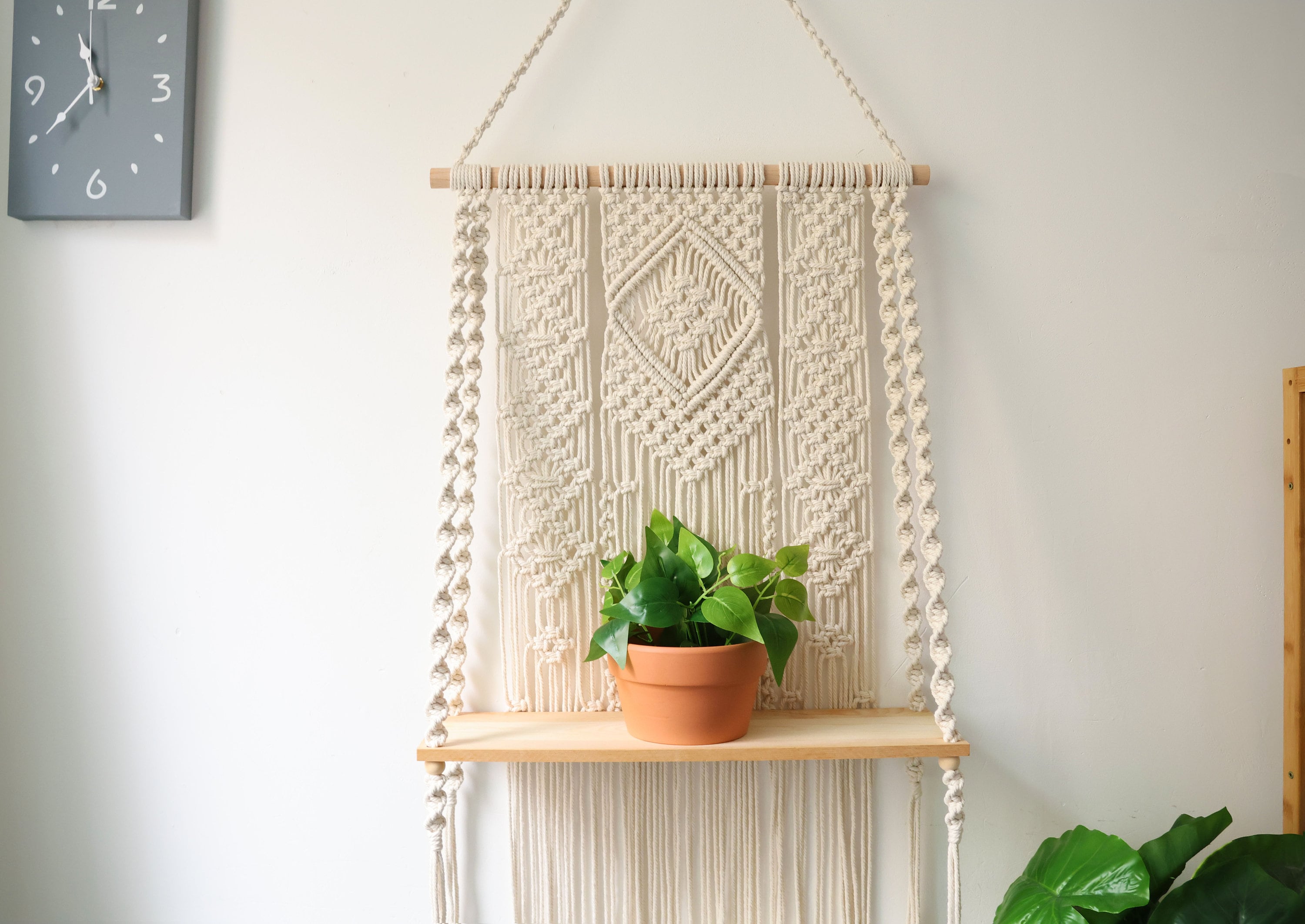 DIY Handmade Tassel Macrame Tapestry Wall Hanging Shelf Boho Cotton Rope  Woven Plant Hanger Wood Floating