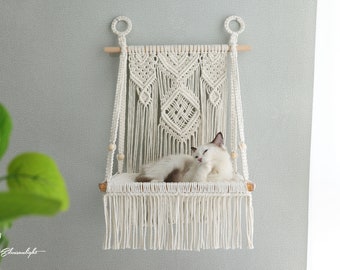 Macrame Cat wall bed,solid wood cat wall furniture/wall hammock/wall step/wall shelf,Bobo hanging cat house/cat tree/pet furniture
