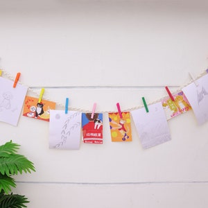 Macrame Kids Art Garland: Bohemian Photo Display with Wood Clips