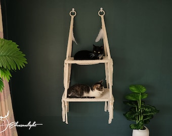 Macrame Cat Hammock, 2-Tier Bohemian Wall Bed, Pet Accessory