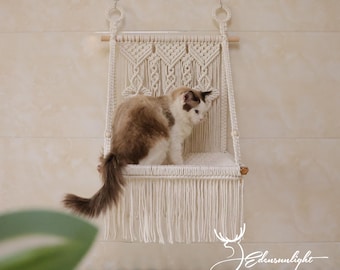 Handmade Cotton Rope Macrame Cat Hammock | Wall-Mounted Boho Pet Bed (70cm)