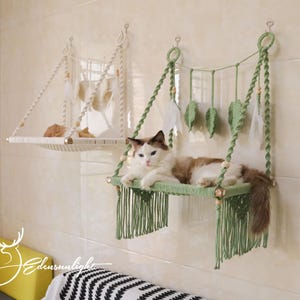 Handmade Macrame Cat Wall Bed, Boho Leaf Accents, Natural Cotton Rope (Medium/Large)