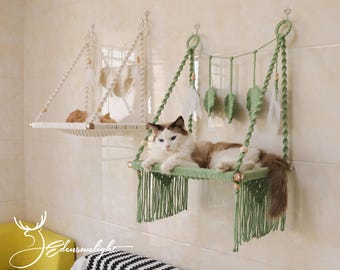Handmade Macrame Cat Wall Bed, Boho Leaf Accents, Natural Cotton Rope (Medium/Large)