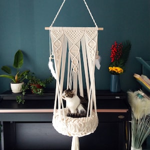 Macrame cat Hammock bed,Macrame cotton rope Swing Bed for cat,indoor pet&#39;s sleeping bed wall hanging
