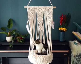 Lit hamac en macramé pour chat, balançoire en corde de coton macramé pour chat, lit suspendu pour animal de compagnie d'intérieur