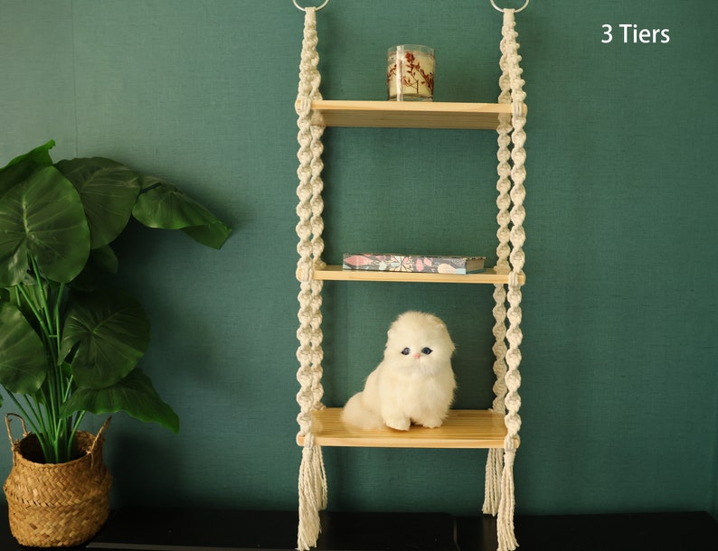 Macrame hanging shelves, wooden wall furniture/bookshelves/ bathroom decor shelf/ living room shelving/bedroom shelving/plant hanger shelf 3 tiers