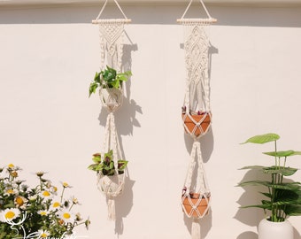 Macrame wall plant hanger, multi-tier Hanging Plant Holder Basket Stand Decorative Flower Pot Holder, Bohemian wall hanging plant displayer