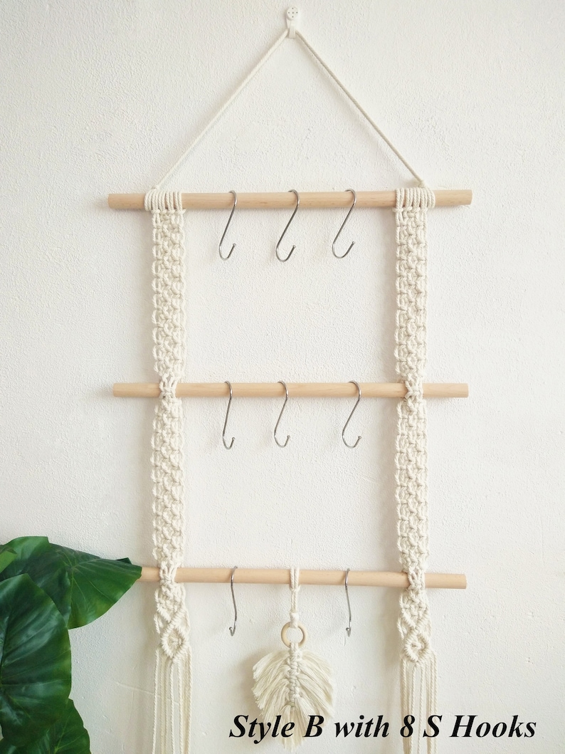 Macrame Multipurpose Wall Hanger With Wooden Rack & Hooks - Etsy
