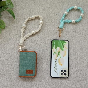 Correa de teléfono de macramé/cadena de teléfono/muñequera de teléfono/cordón de teléfono con almohadillas transparentes, correa de bolso/estuche/monedero bohemio/muñequera/cordón