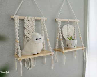 Minimalist Macrame Beech Wood Hanging Shelf, Boho Wall Art Hanging