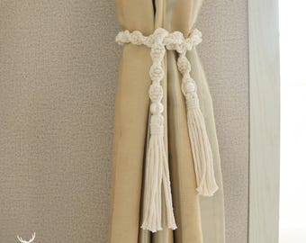 Abrazaderas de cortina de macramé, cuerdas de algodón natural bohemias tejidas a mano con perlas.
