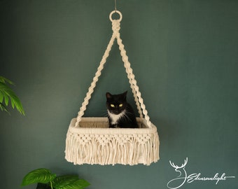 Macrame Cat Hammock, Bohemian Hanging Cat Bed with Plush Cushion