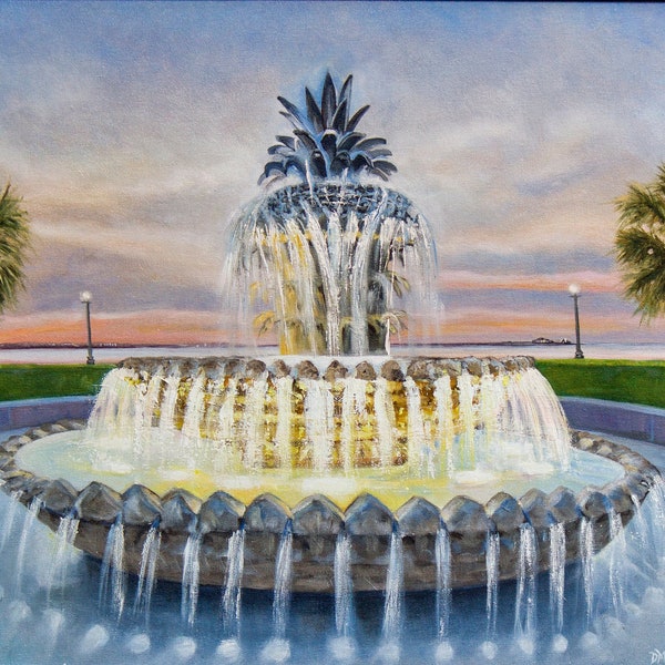 Giclee Fine Art Print, Pineapple Fountain, Charleston SC, Original Art