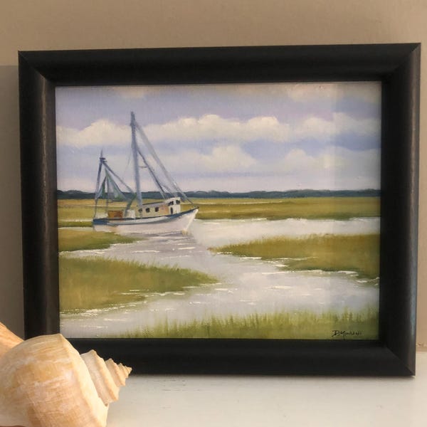 Original Oil Painting Framed, Charleston SC, Original Art, "Shrimpin' ", Shrimp Boat, Marsh