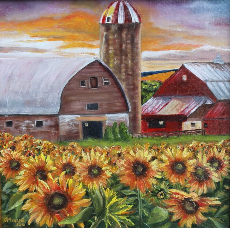 Original art oil painting Sunflowers Farm Sunset Etsy