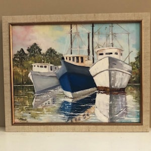 Original Oil Painting Framed, Charleston SC ,&quot;Lazy Day&quot;, Shrimp Boats