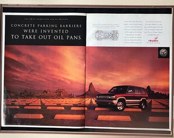 1990's Isuzu Trooper Print Advertisement “Concrete parking barriers were invented to take out oil pans”