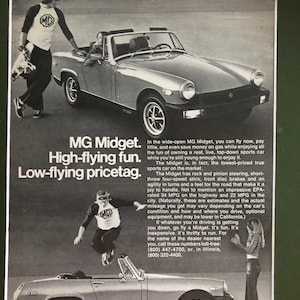 1970&#39;s MG Midget Print Advertisement High-Flying fun.  Low-Flying Price tag