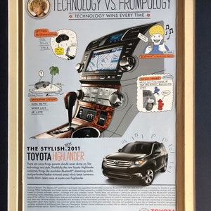 May include: A 2011 Toyota Highlander SUV in dark grey with a black interior. The ad features a cartoon illustration of the car's technology features, including a navigation system, backup camera, and Bluetooth streaming audio. The text reads "The Stylish 2011 Toyota Highlander. There are some things parents should never skimp on, like technology and style. Thankfully, the new Toyota Highlander combines things like available Bluetooth streaming audio and perforated leather-trimmed seats which beats lameness, hands down. Learn more at toyota.com/highlander."