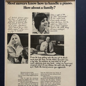 May include: A black and white photo collage of three people with handwritten text about moving services. The text includes the phrase "Most movers know how to handle a piano. How about a family?" and discusses the importance of family-friendly moving services.