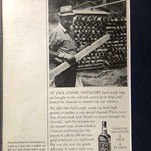 1970's Jack Daniel's Whiskey Advertisement  Charcoal Mellowing