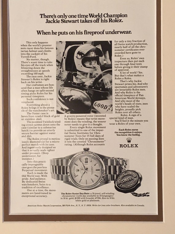 Anuncio del reloj Rolex Jackie Stewart de los a os 70 Etsy Espa a